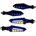 Blue arrow-shaped LED motorcycle turn indicator lights, 4-pack, with amber and blue glow