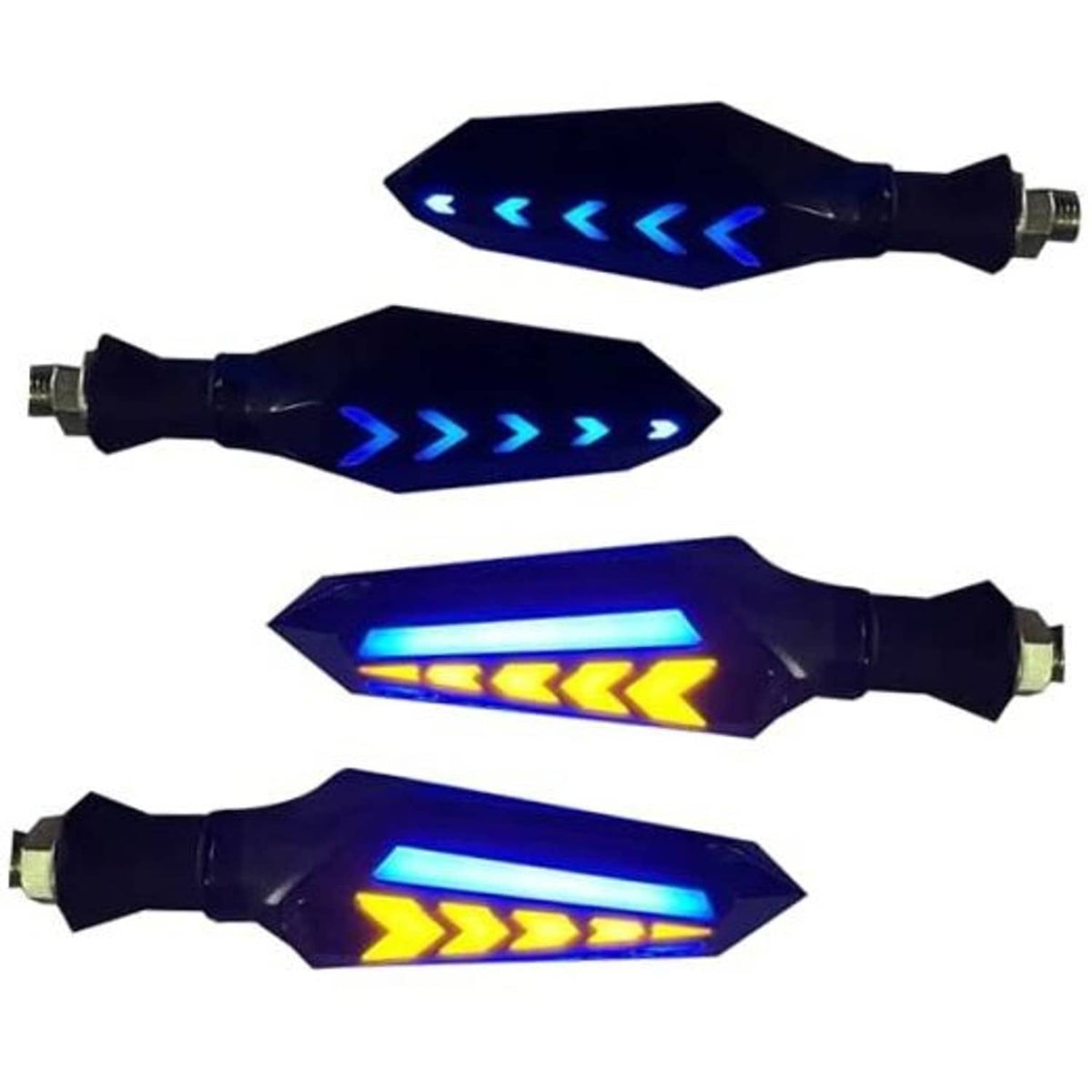 Blue arrow-shaped LED motorcycle turn indicator lights, 4-pack, with amber and blue glow