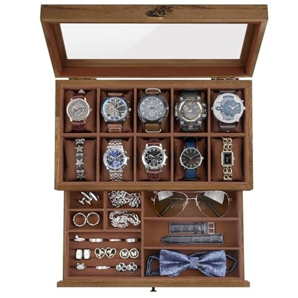 Walnut watch case with hinged glass lid, 10-slot interior and organized watch cushions
