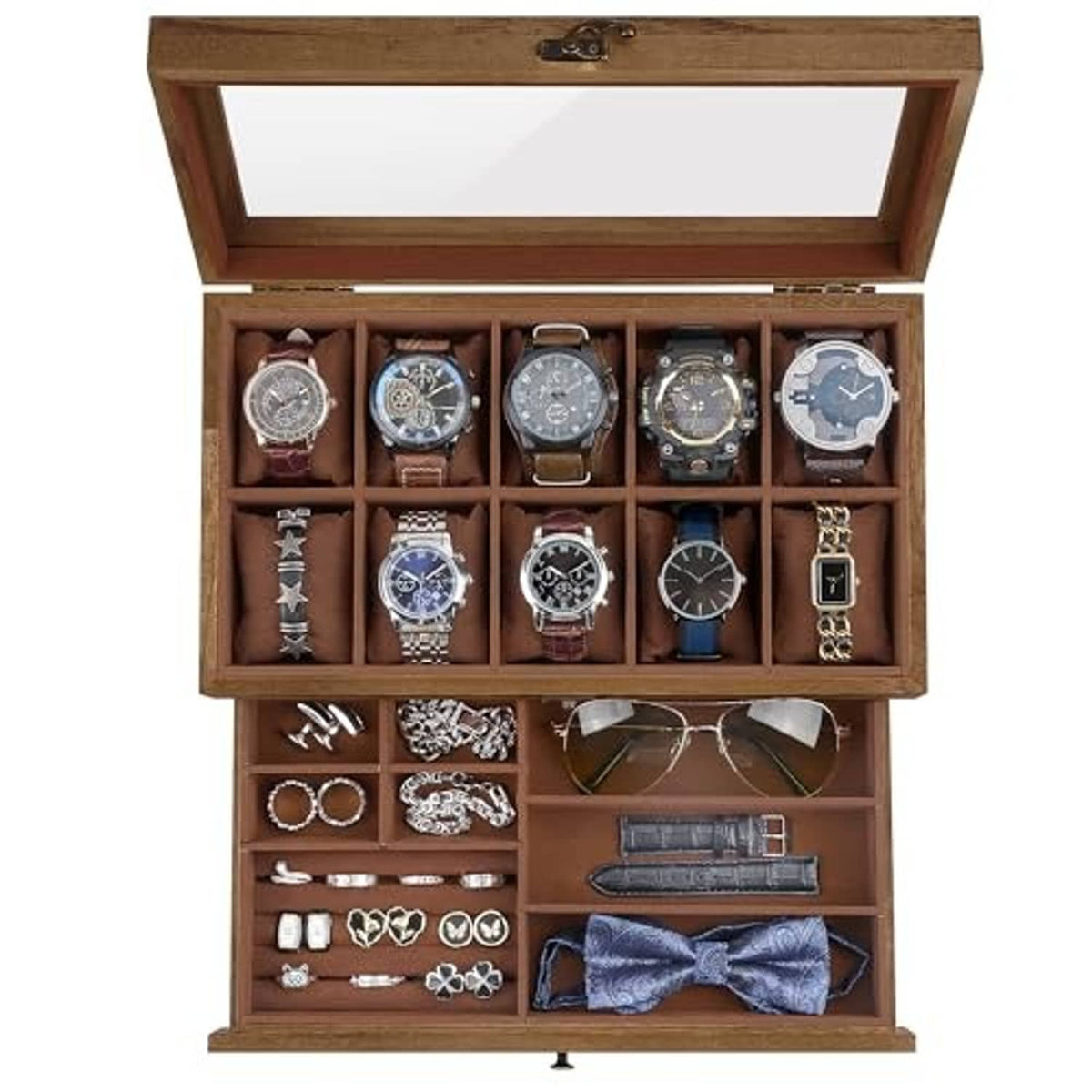 Walnut watch case with hinged glass lid, 10-slot interior and organized watch cushions