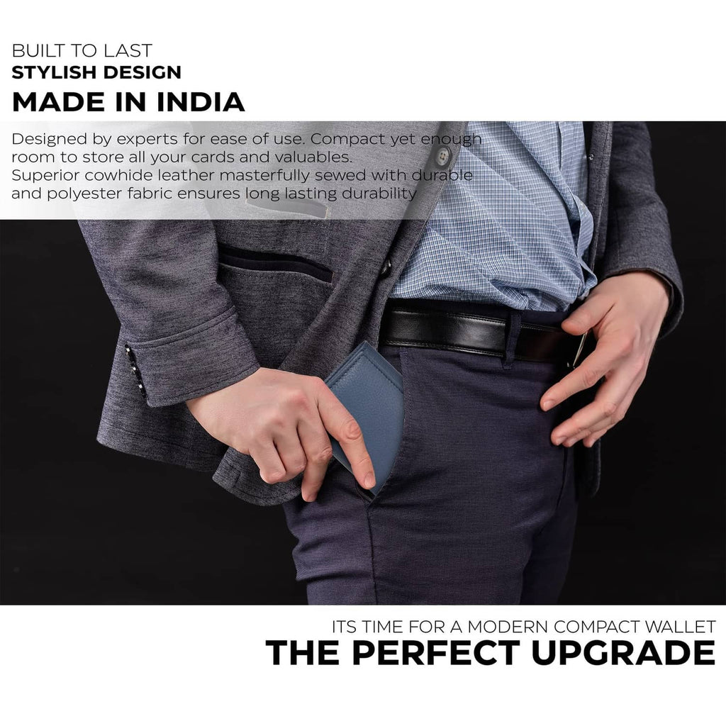 Blue slim leather wallet partially visible in a man's front jeans pocket
