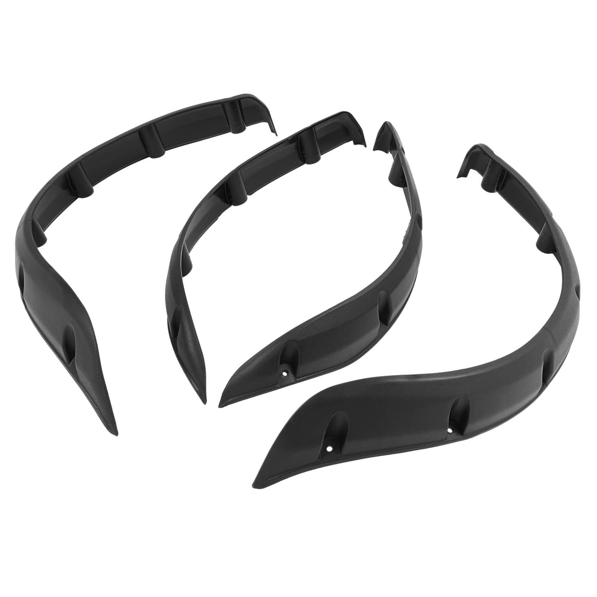 Black curved fender flare pieces with mounting tabs and screw holes