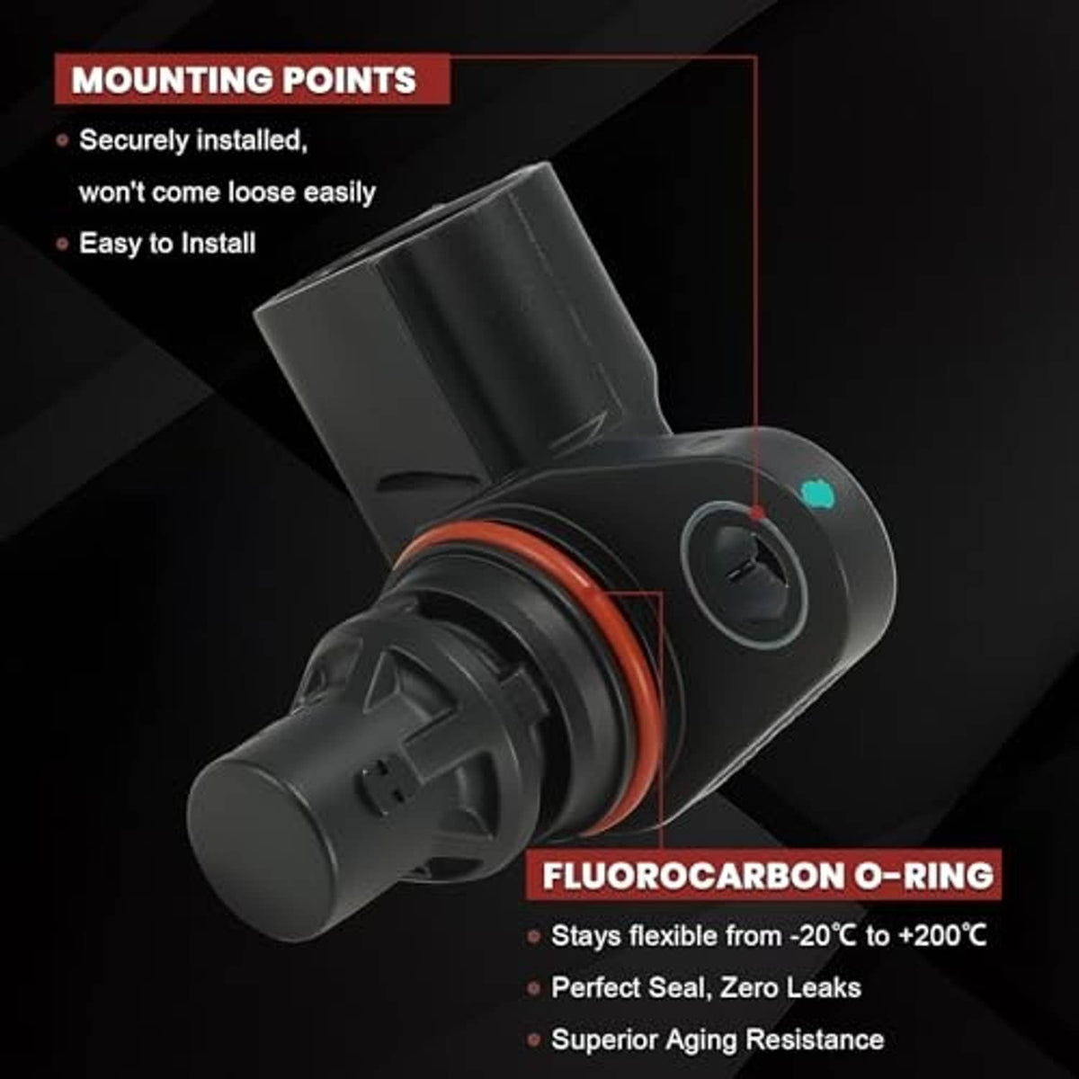 Camshaft position sensor with black body and orange fluorocarbon-style O-ring