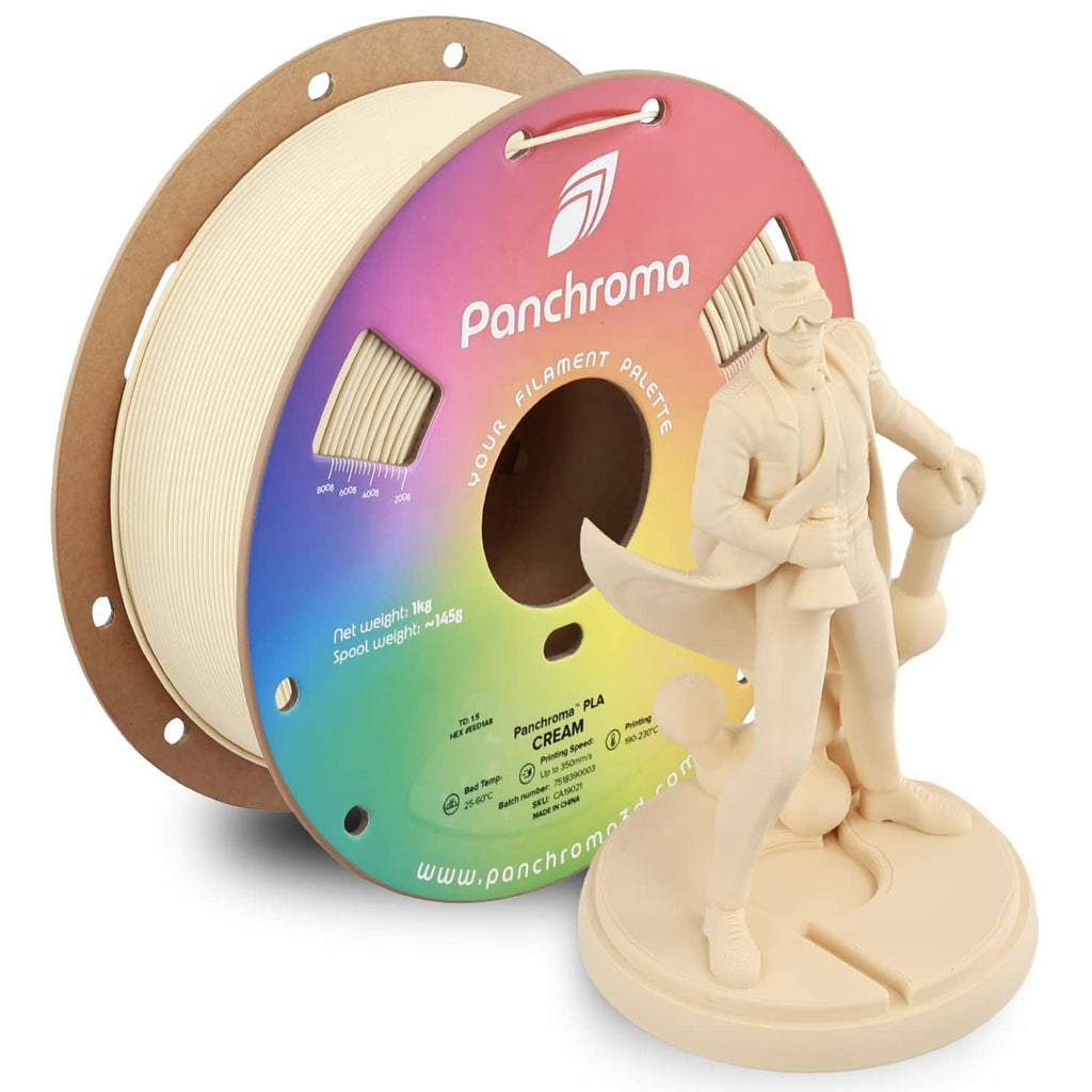 Cream PLA filament spool on a round plastic reel, with visible wound filament