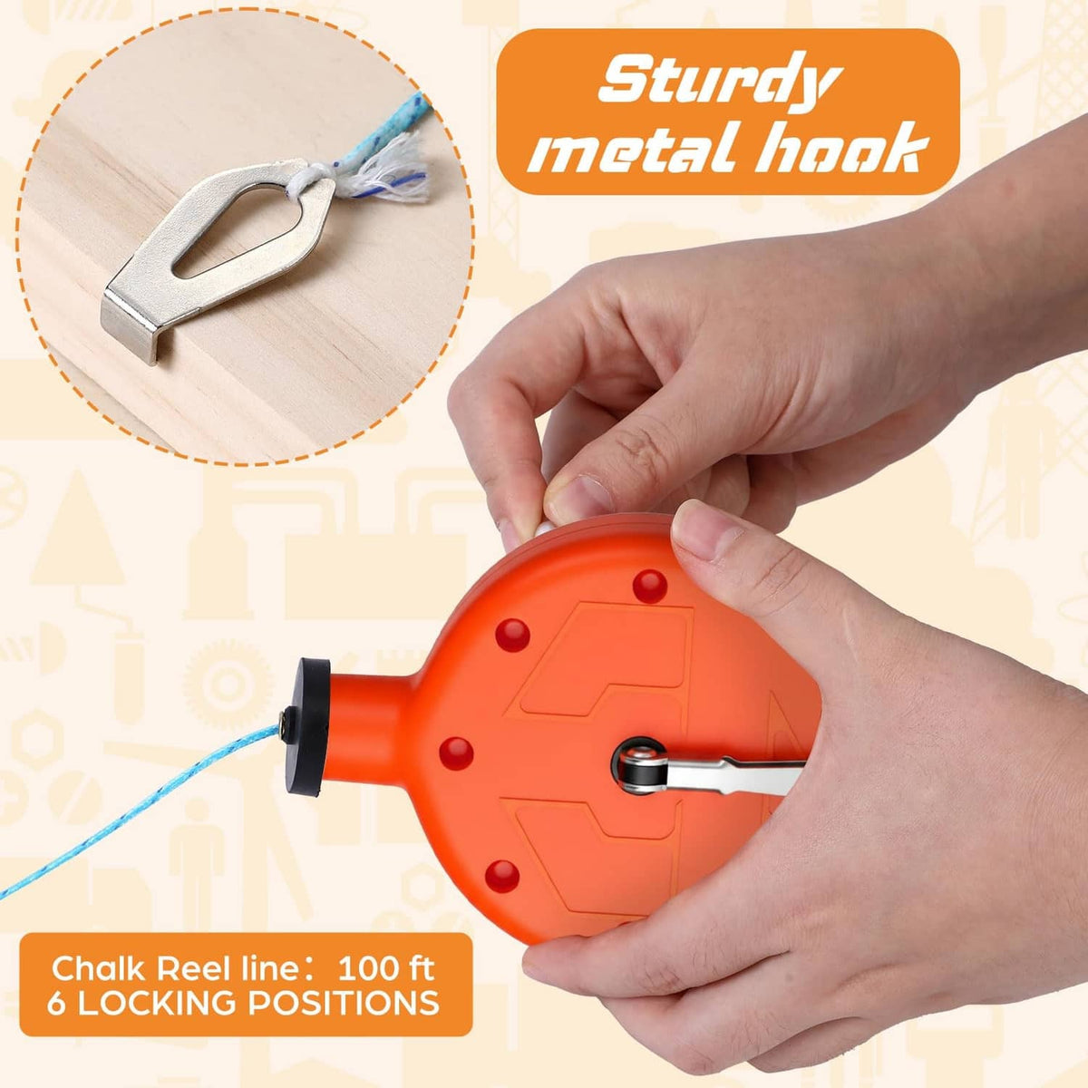 Orange chalk line reel tool in hand with metal hook and braided line