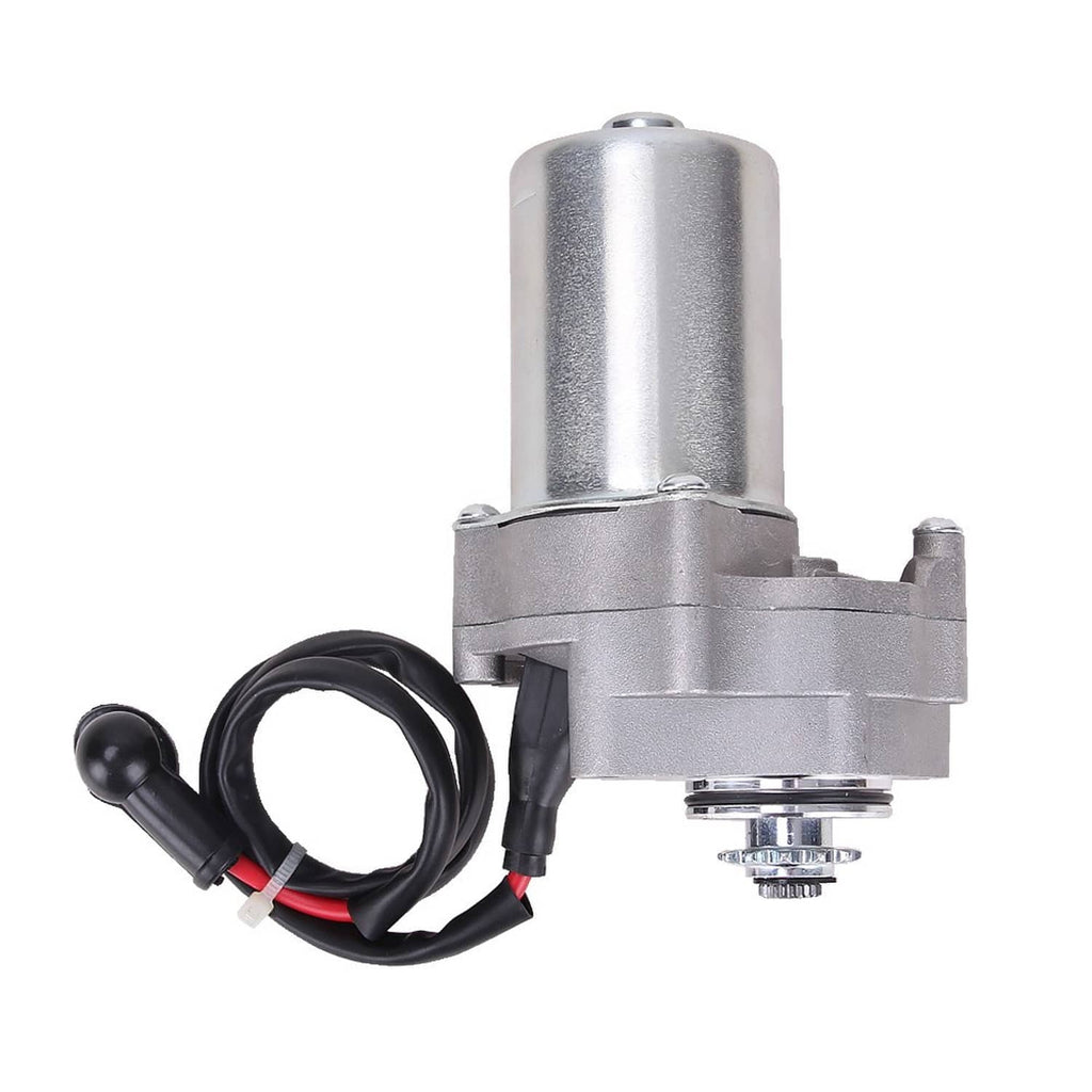 ATV starter motor with electrical terminals, black/red wire harness and silver body