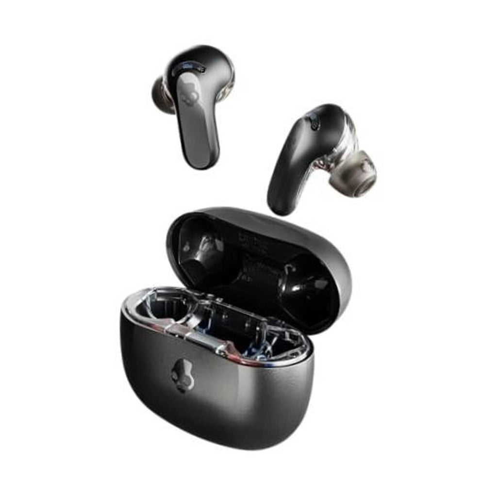 Black true wireless earbuds with charging case, open lid showing earbuds