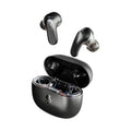 Black true wireless earbuds with charging case, open lid showing earbuds
