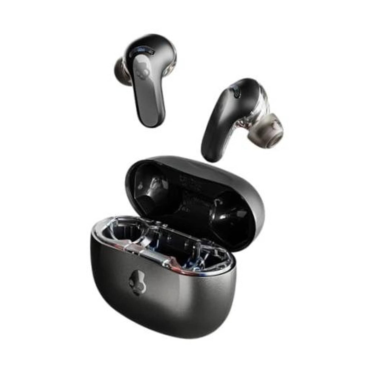 Black true wireless earbuds with charging case, open lid showing earbuds