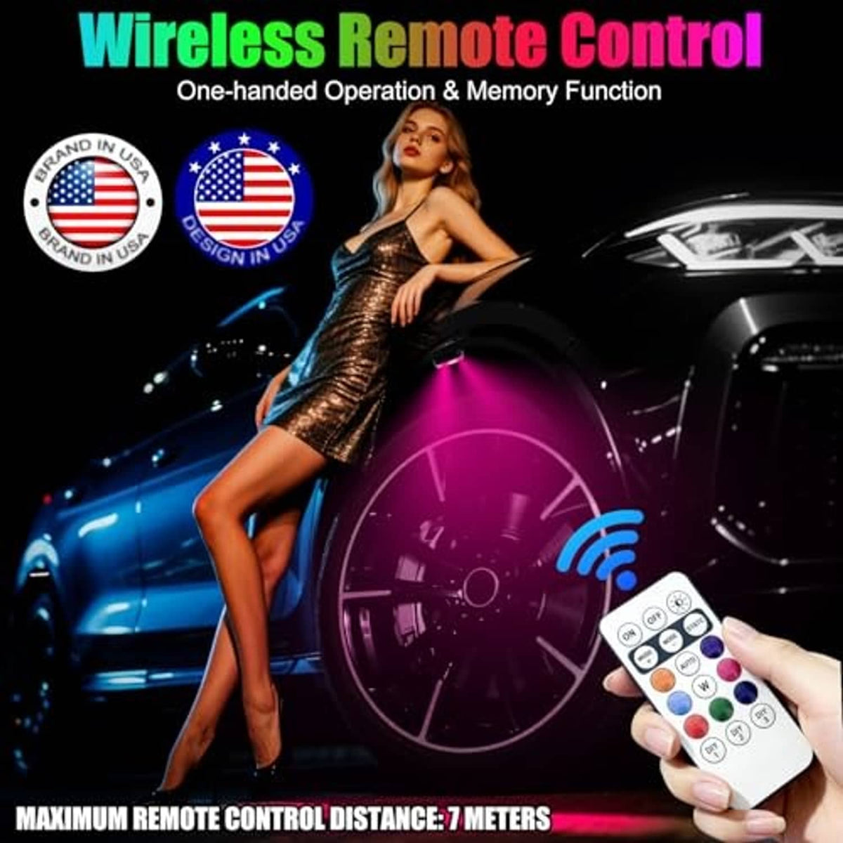Wireless LED remote control held in hand with multi-color mode buttons