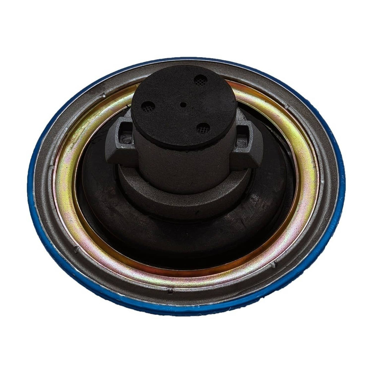 Fuel tank cap lock insert with black cover and blue metal rim