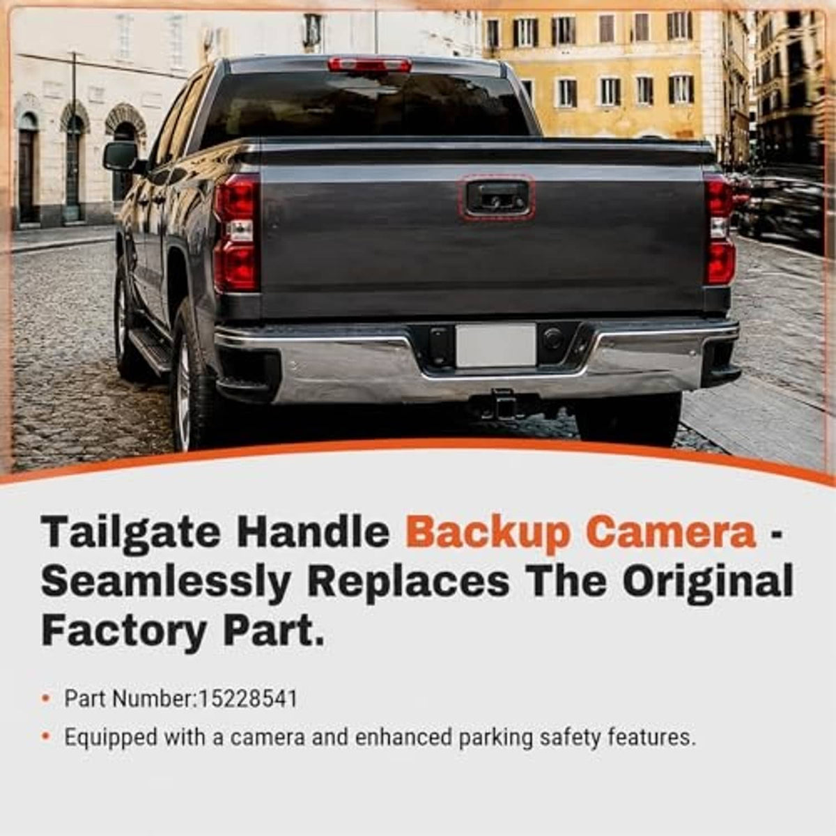 Backup camera replacement installed in tailgate handle on a black pickup rear