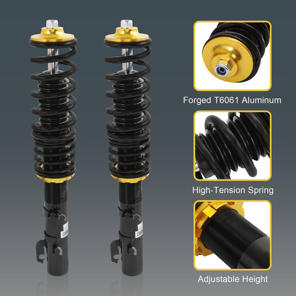 Pair of coilover shock struts with black springs and gold top mounts, adjustable height design