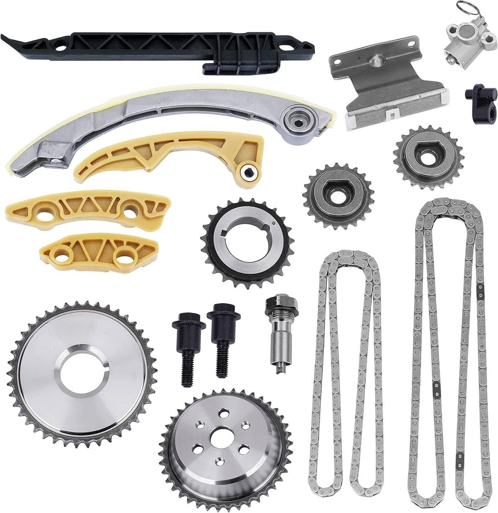 Timing chain kit parts set with gears, chain guides, and tensioner hardware