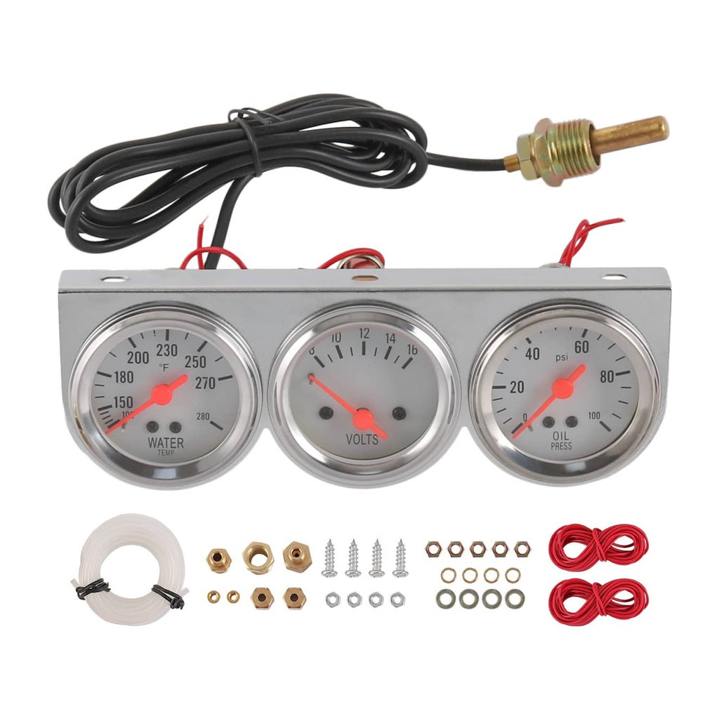 Chrome mechanical triple gauge set with water, volts, and oil meters plus wiring and brass sensor