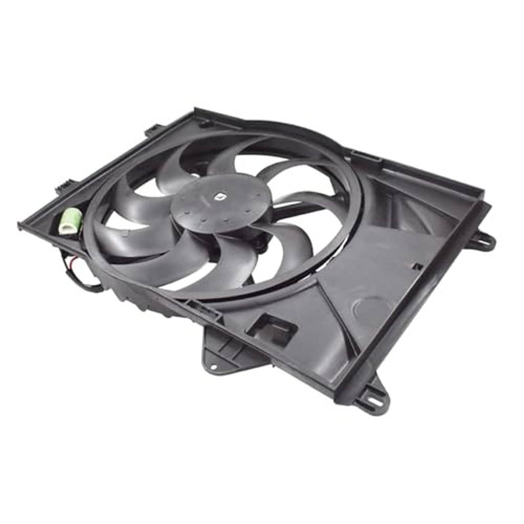 Radiator cooling fan and motor assembly with black shroud and circular motor fan hub