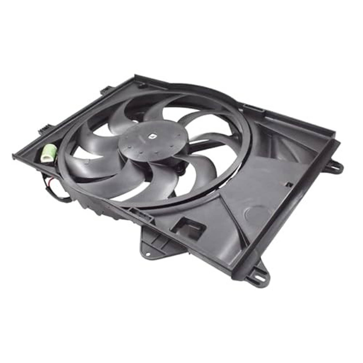 Radiator cooling fan and motor assembly with black shroud and circular motor fan hub