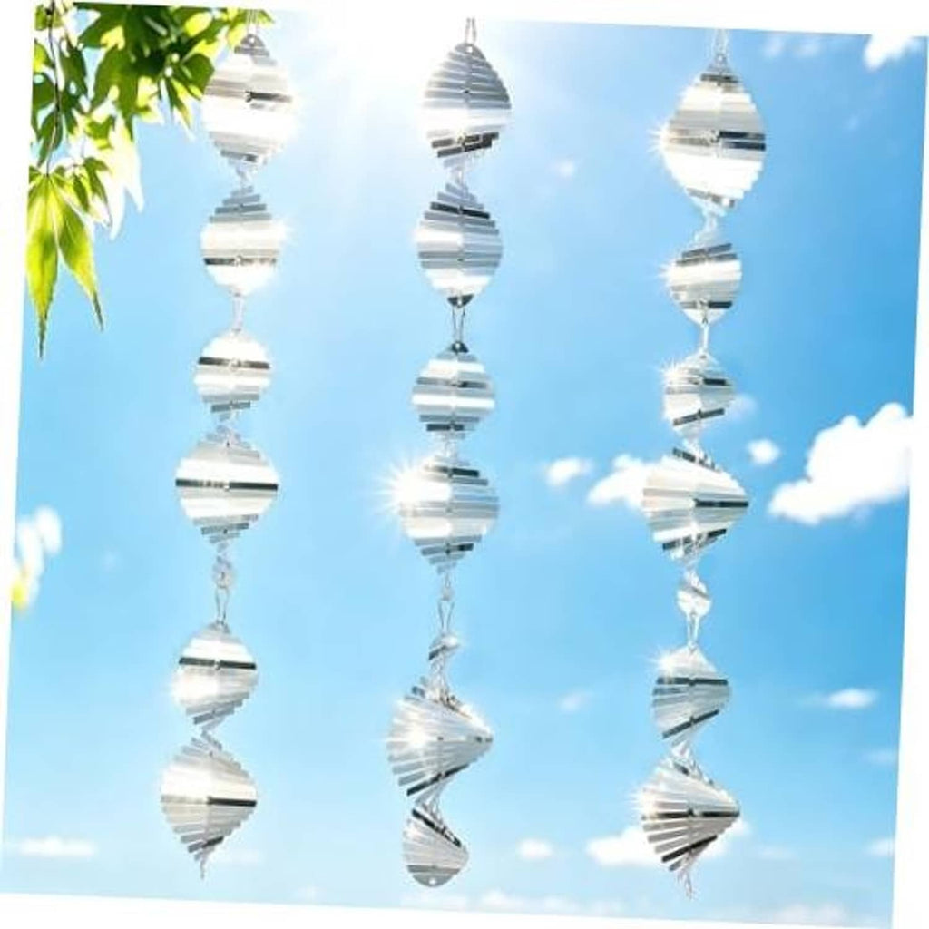 Silver 3D wind spinners with stacked reflective discs on hanging chains