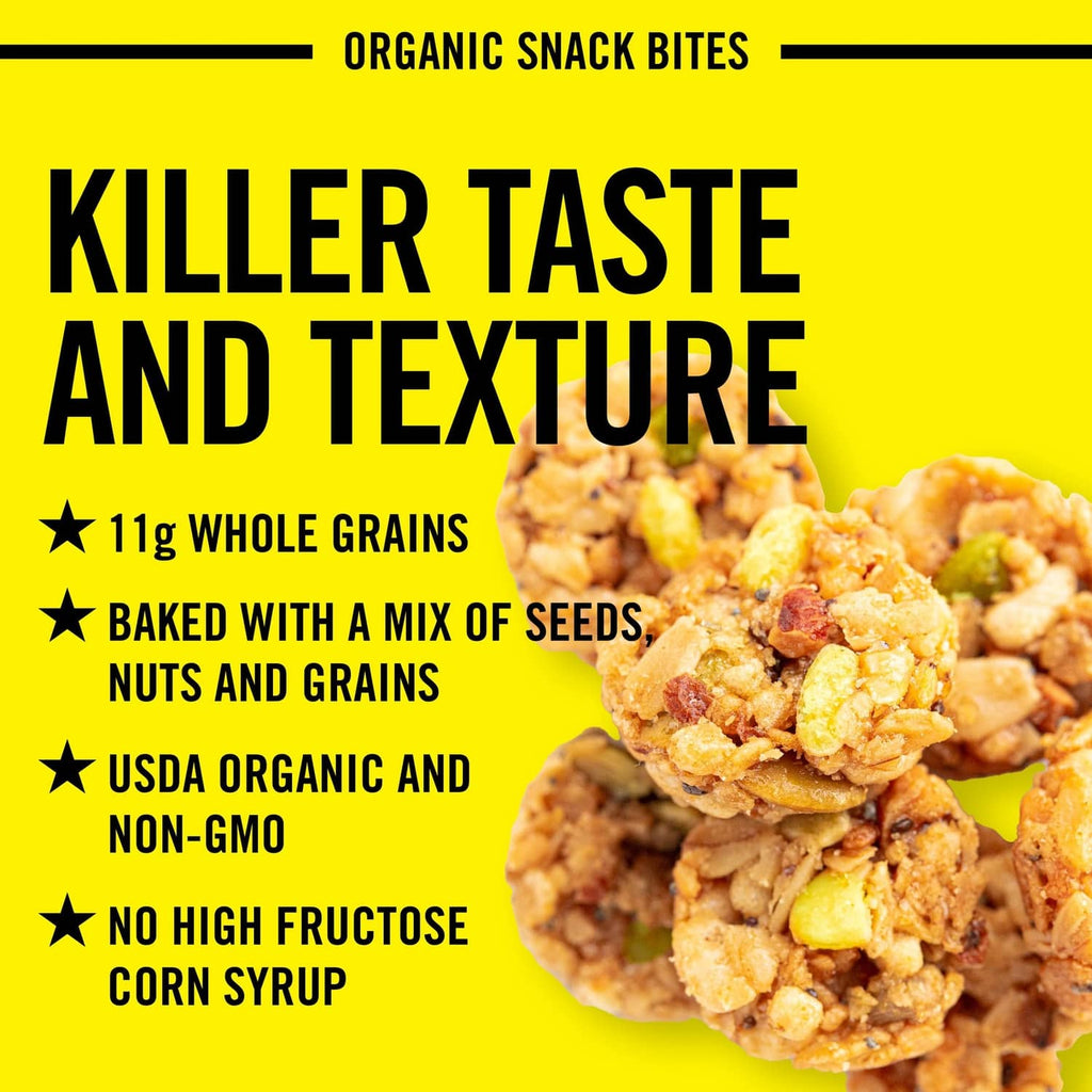 Killer taste and texture label with honey nut organic snack bites