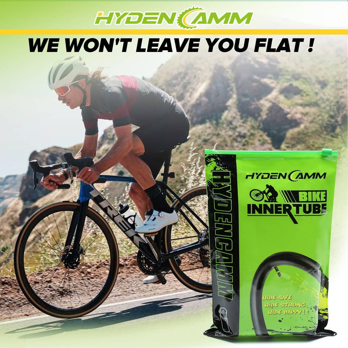 Bike inner tube package labeled puncture prevention and long service life