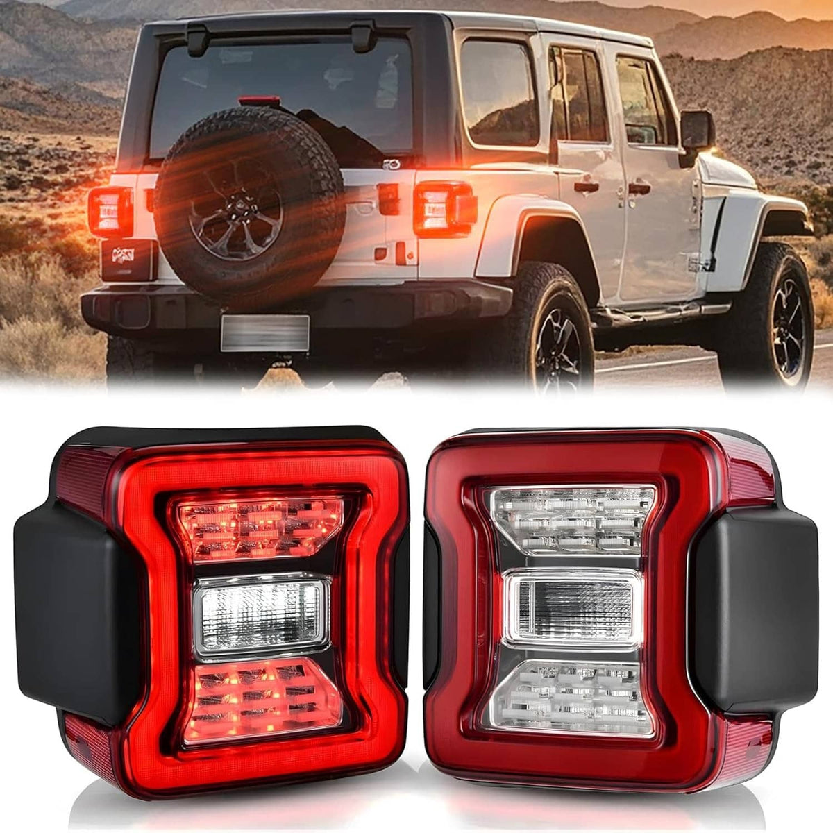 LED tail light set with red lenses and clear center sections in black housings