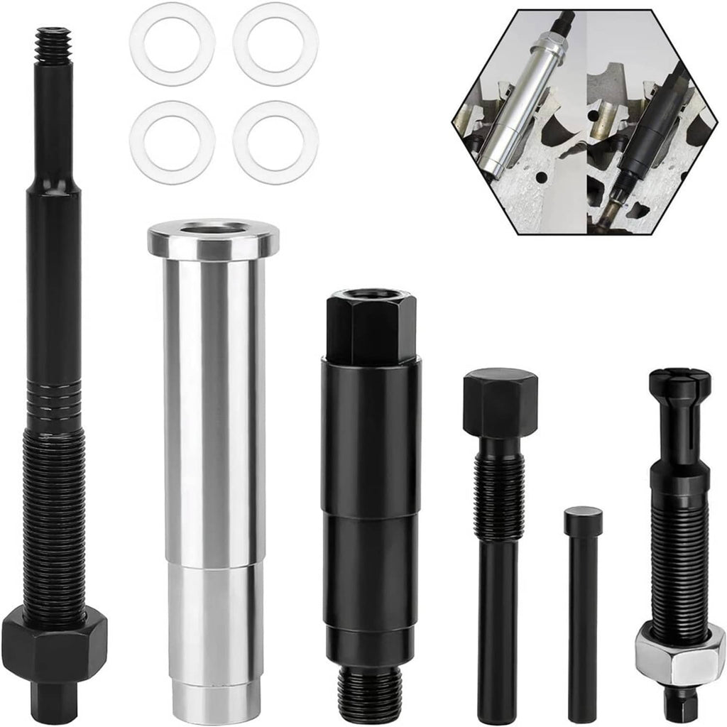 Spark plug remover tool kit, black and chrome steel puller parts with threaded bolts