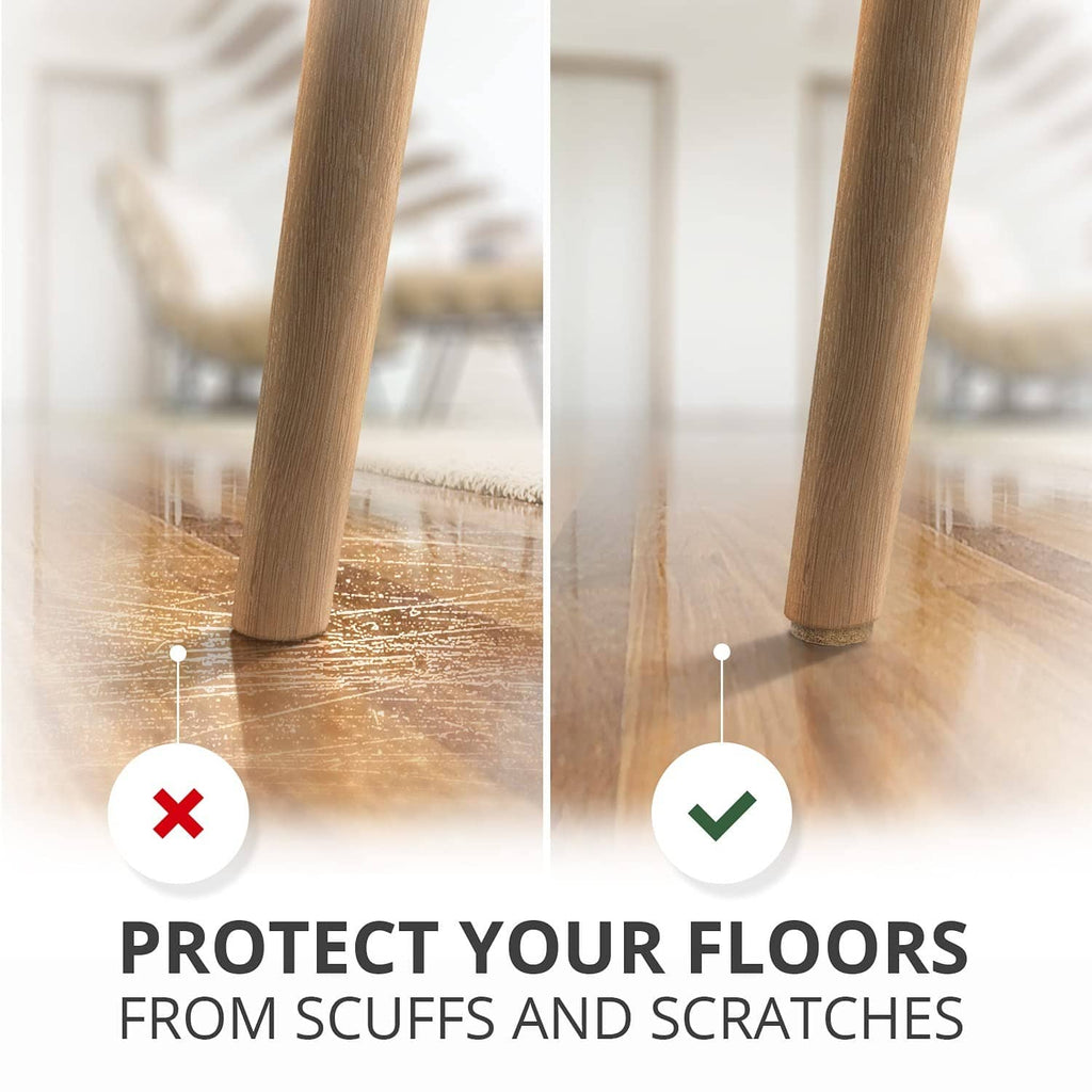 Protective felt pad under furniture legs to help prevent floor scratches