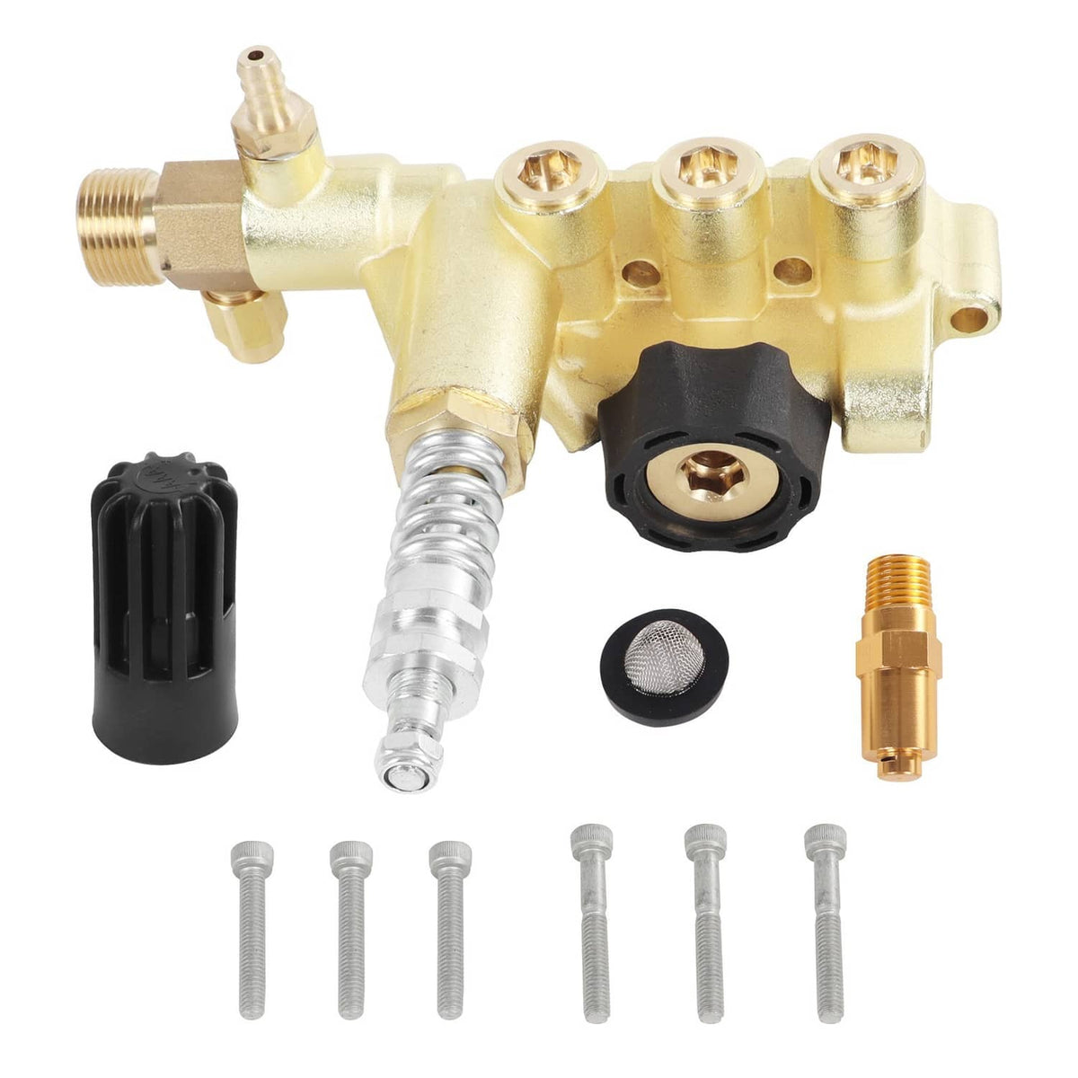 Brass pressure washer pump manifold kit with black unloader and multiple fittings