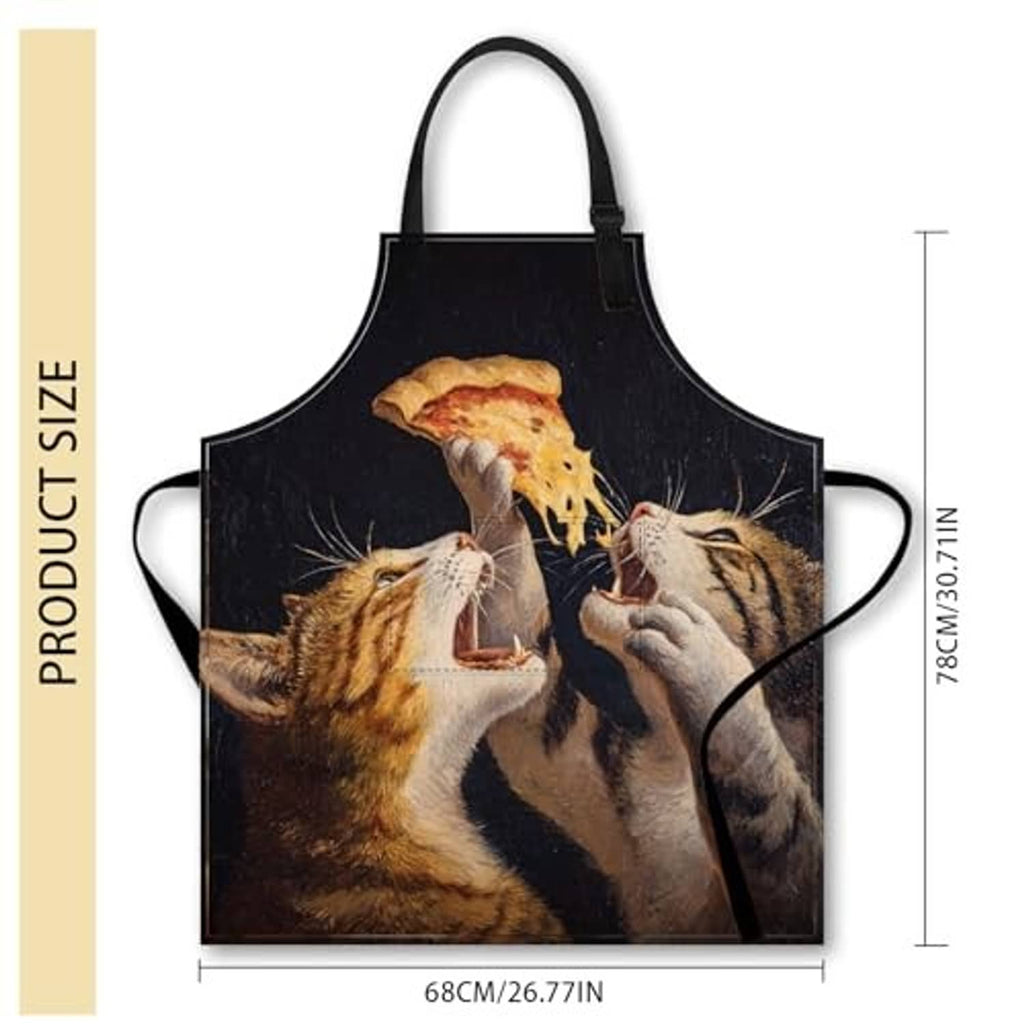 Black polyester kitchen apron with cat-and-dog cooking graphic and neck strap