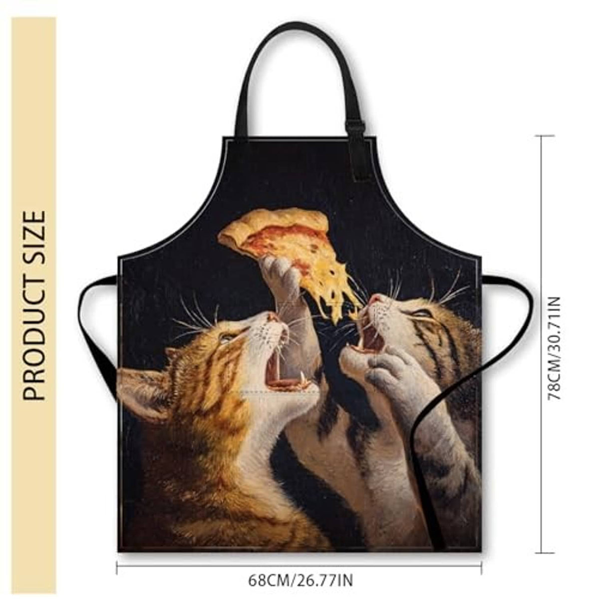 Black polyester kitchen apron with cat-and-dog cooking graphic and neck strap