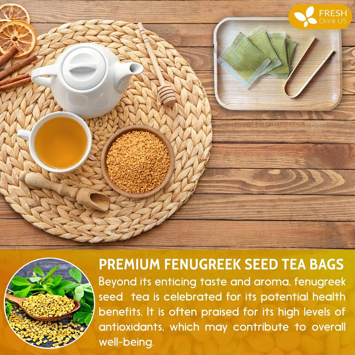 Fenugreek tea accessories: cup of tea, seeds bowl, and tea bags on woven mat