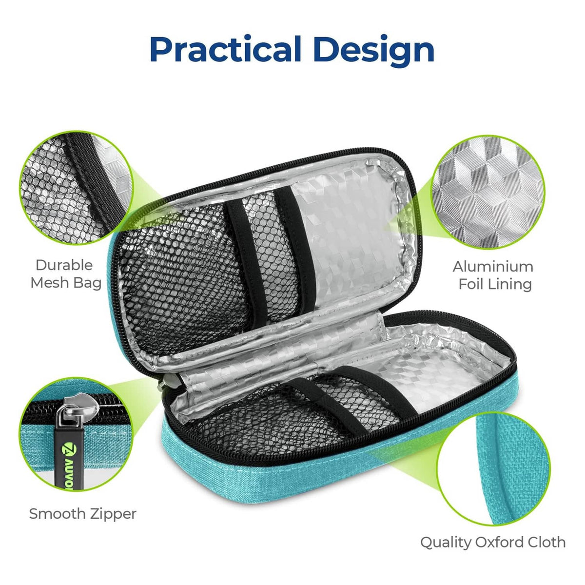 AUVON teal insulin cooler travel case open with mesh pockets and foil lining