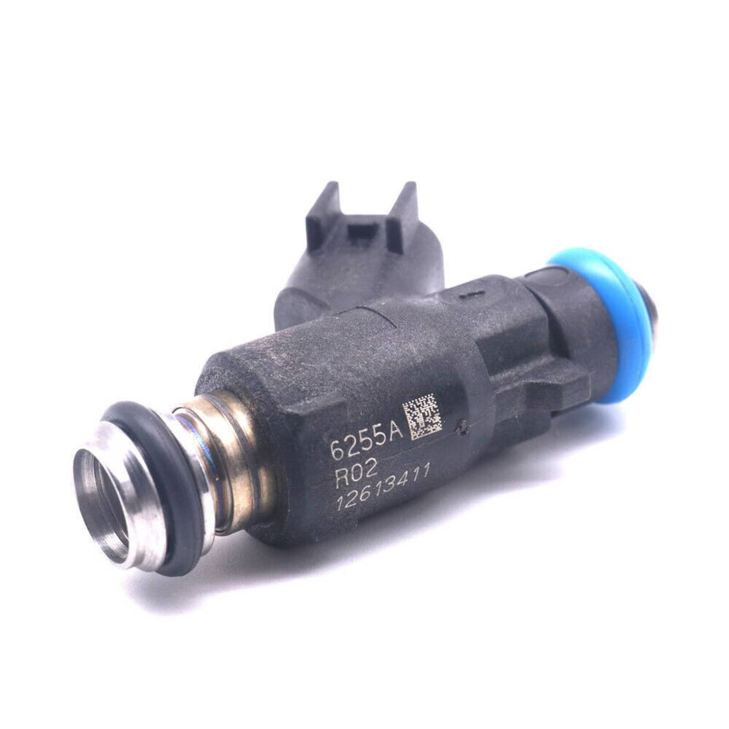Black fuel injector with blue electrical connector seal and metal spray tip