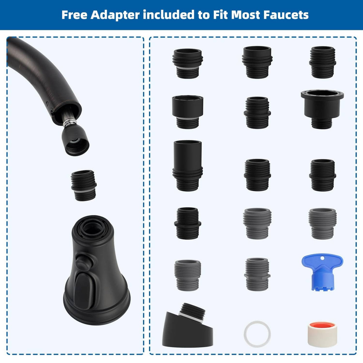 Matte black faucet head with multiple threaded adapters and mounting parts set