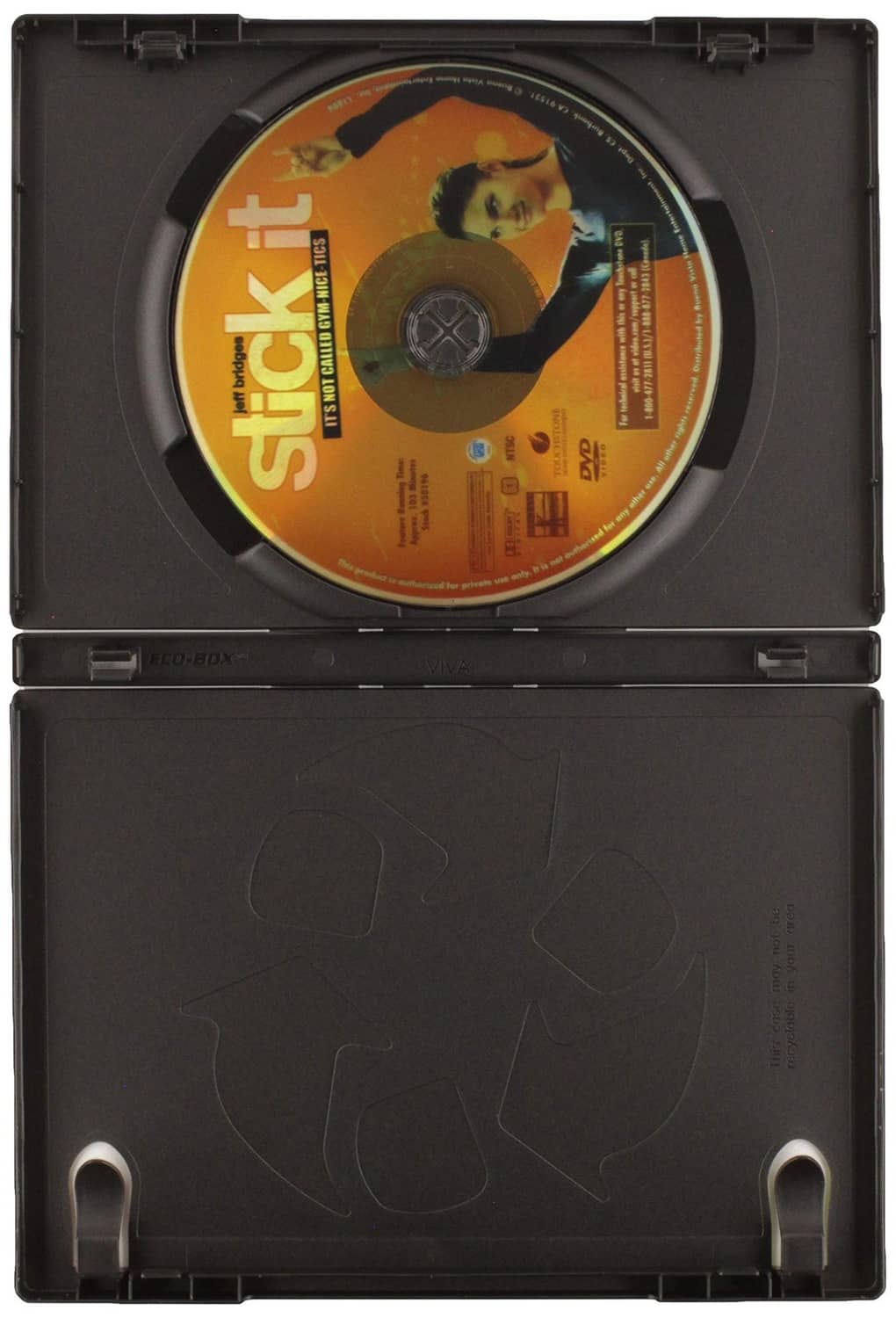 DVD case with orange disc labeled Stick It and black hinged tray