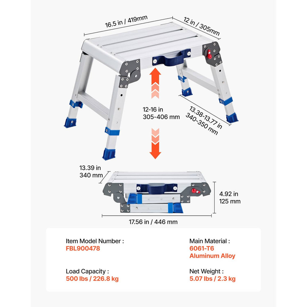 Folding work platform technical diagram with labeled adjustable height measurements