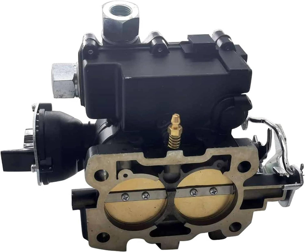 Carburetor assembly with black body, gold spring detail, and two round throttle plates