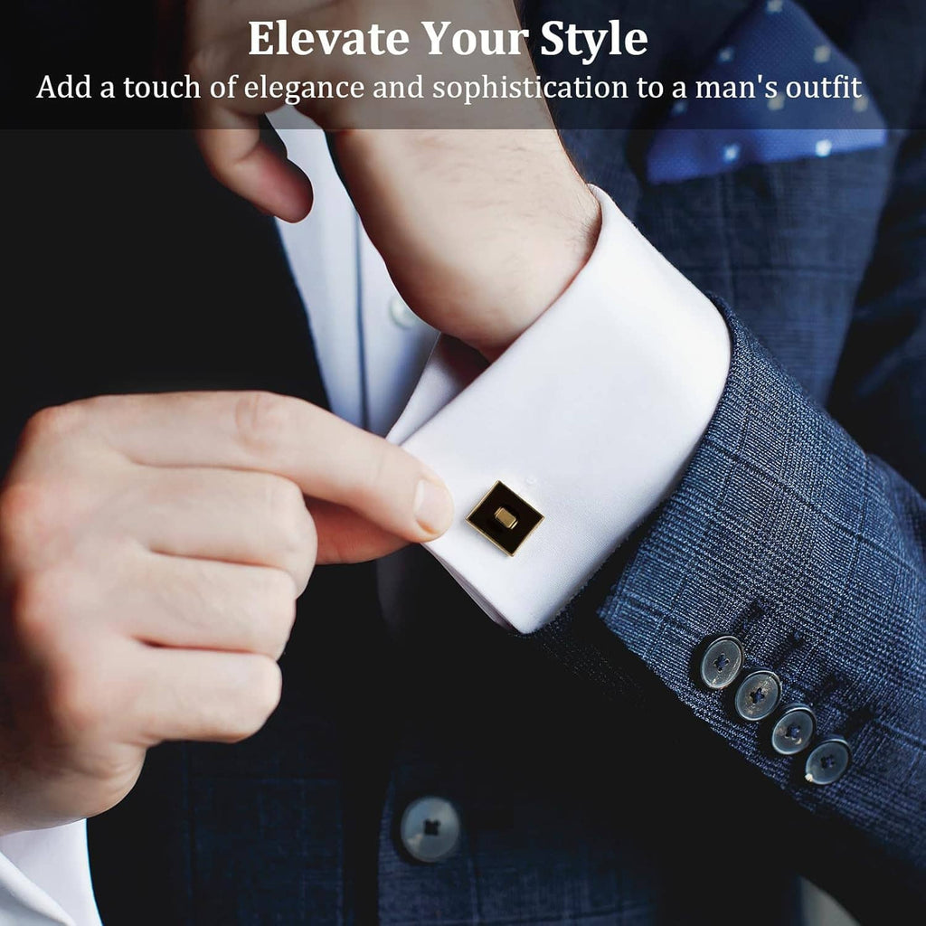 Gold-tone square cufflinks with black inset on a white dress shirt cuff