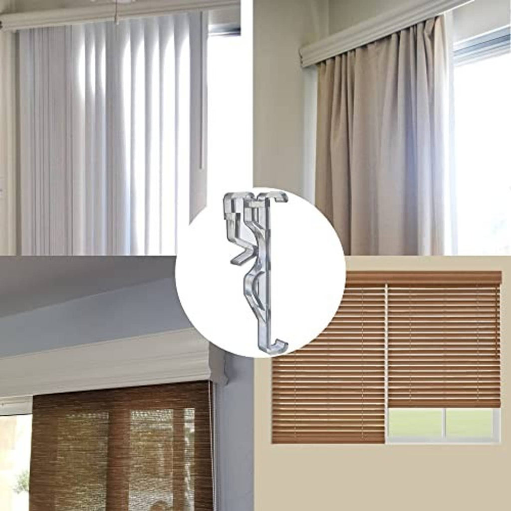 Clear plastic valance retainer clip holding valance along curtain rod