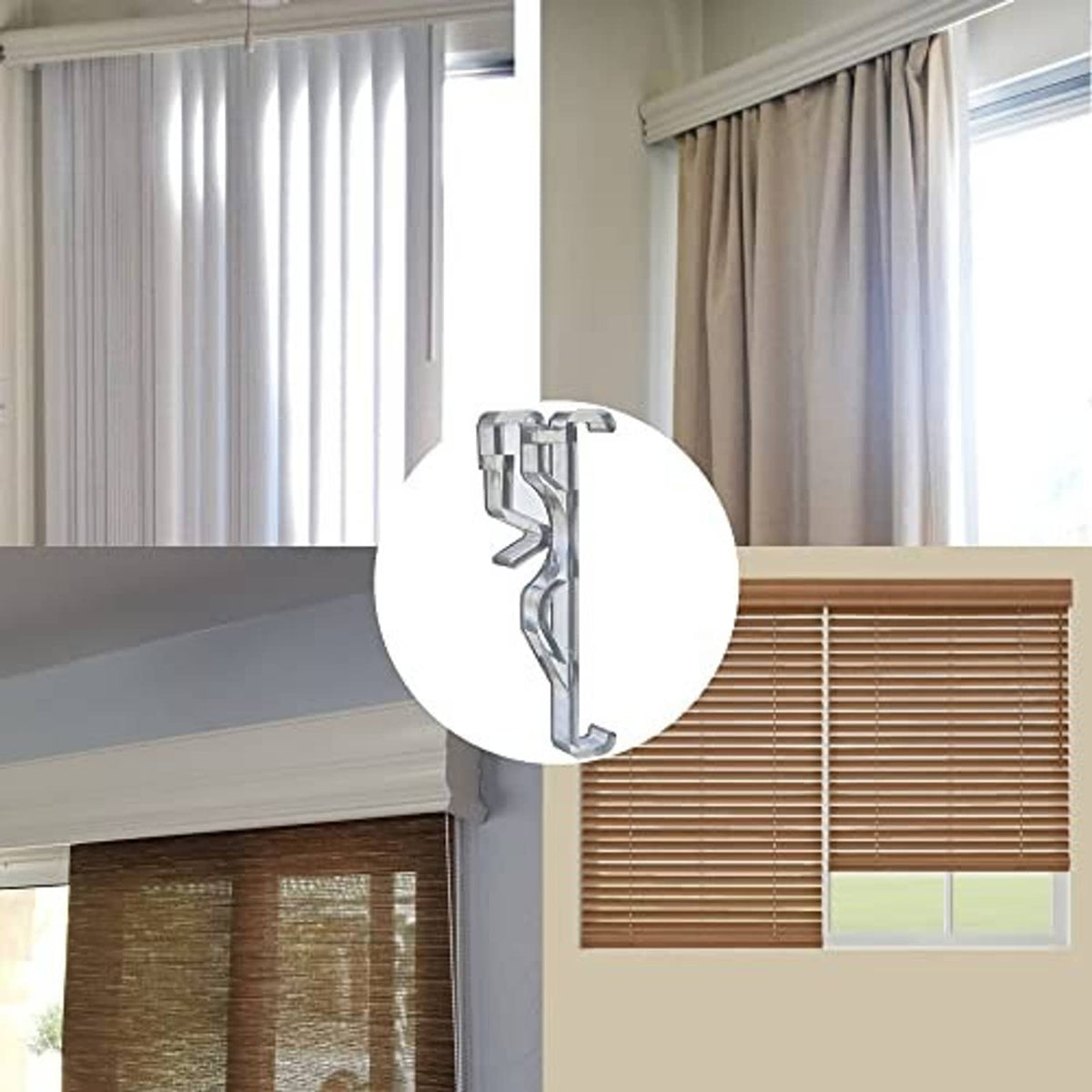 Clear plastic valance retainer clip holding valance along curtain rod