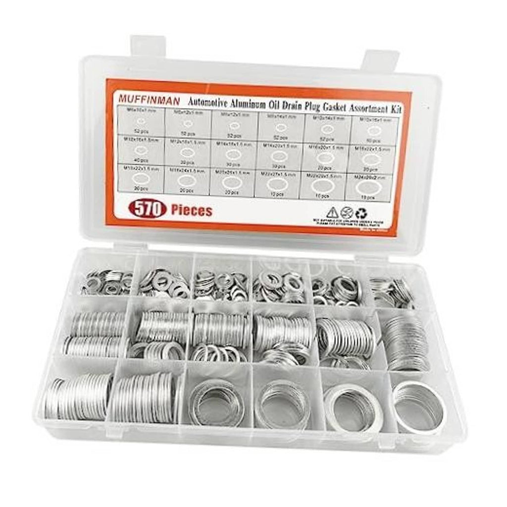 Oil drain plug gasket assortment kit with 570 aluminum washers in a clear organizer tray