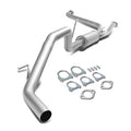 Stainless steel cat-back exhaust system with muffler, curved pipe, and hangers