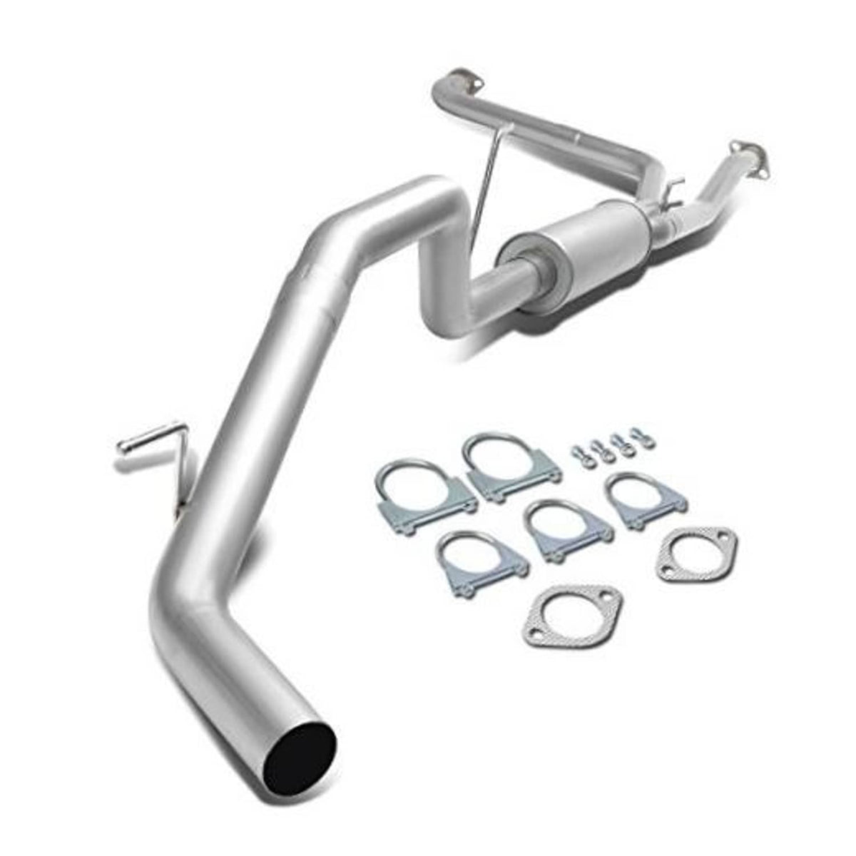 Stainless steel cat-back exhaust system with muffler, curved pipe, and hangers