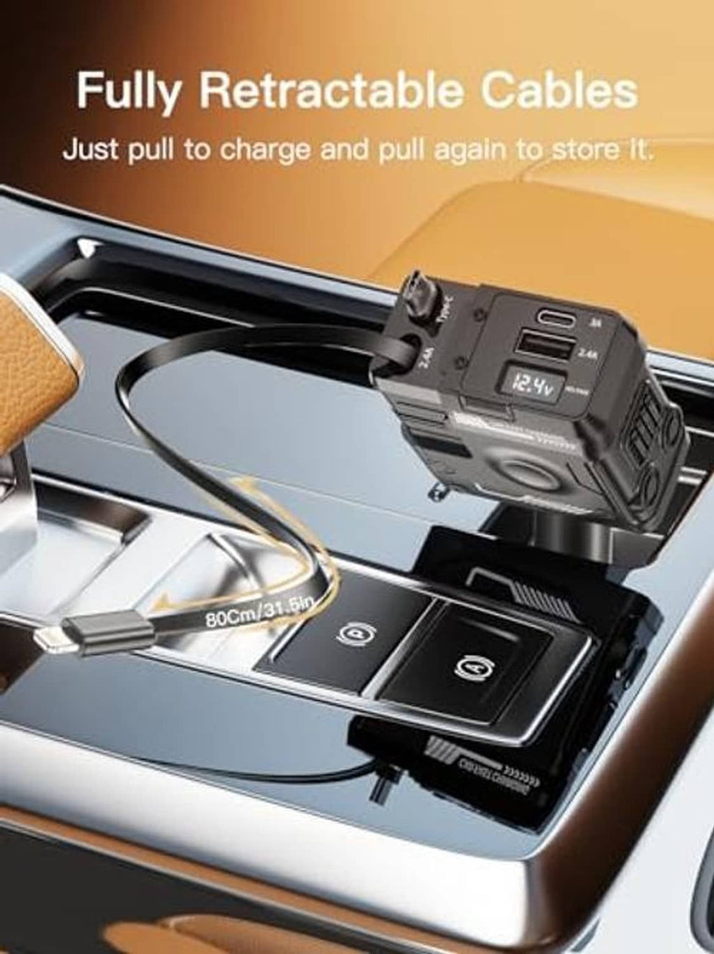 Retractable car phone charger with built-in pull-out cables and USB ports