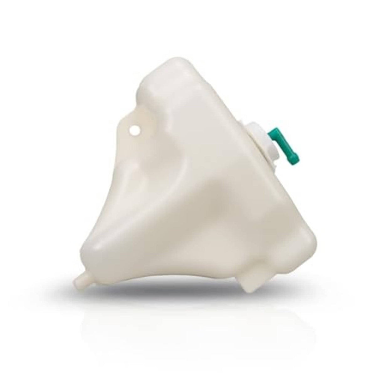 Off-white coolant reservoir with green cap spout, three-quarter view