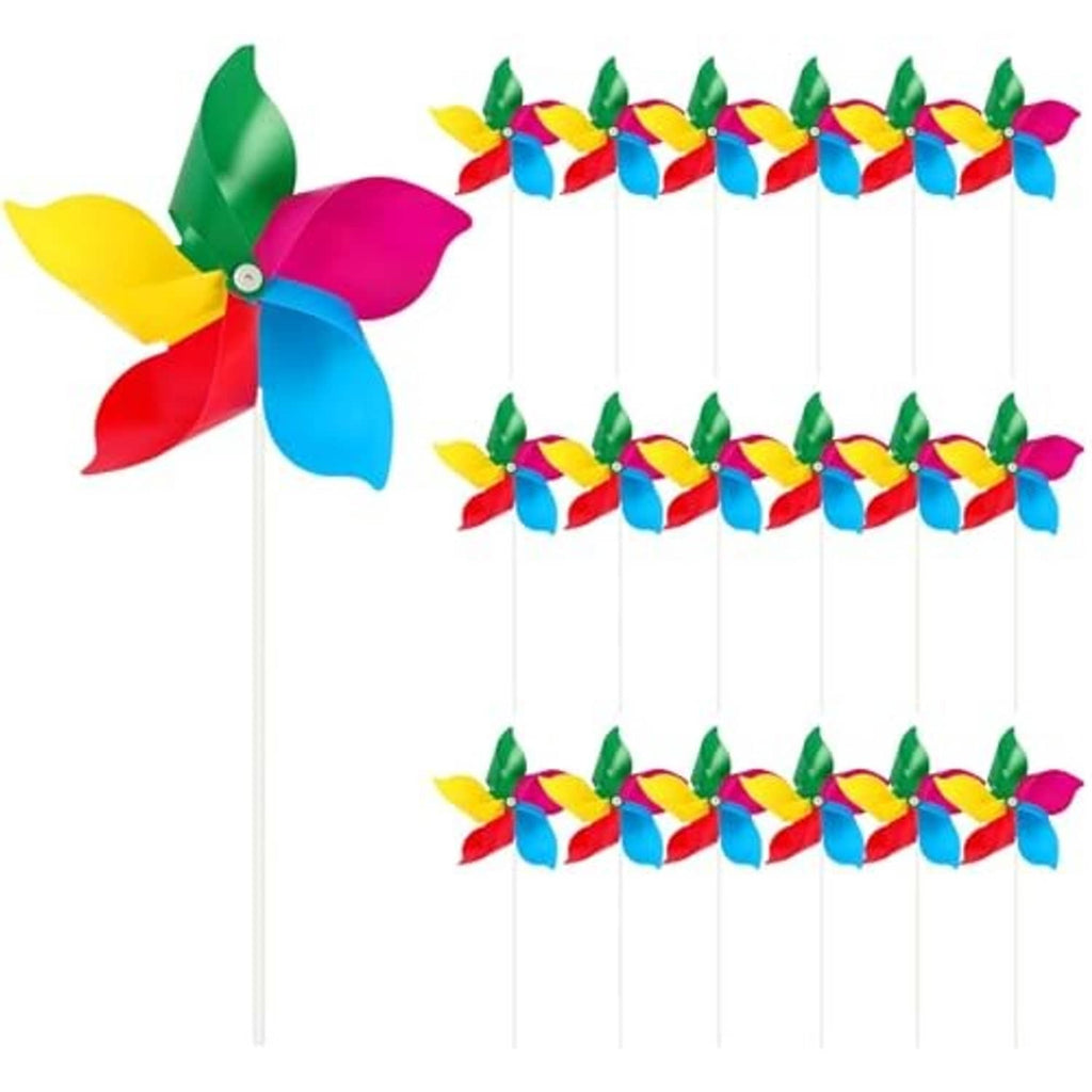 Rainbow pinwheel wind spinner set with multicolor flower blades on white sticks, grouped