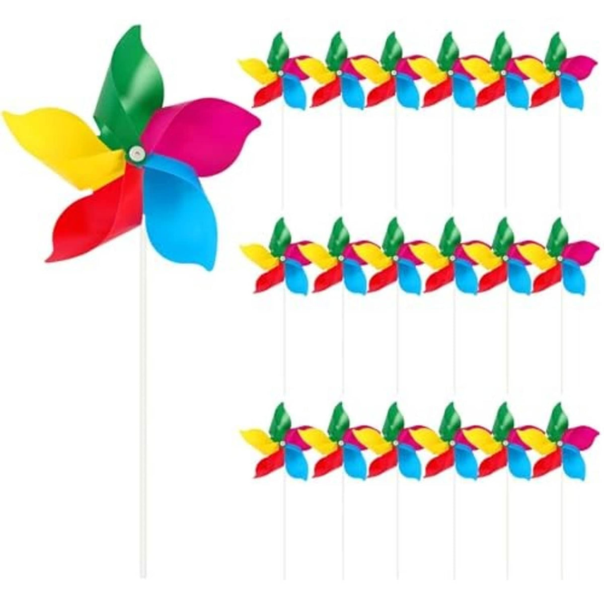 Rainbow pinwheel wind spinner set with multicolor flower blades on white sticks, grouped