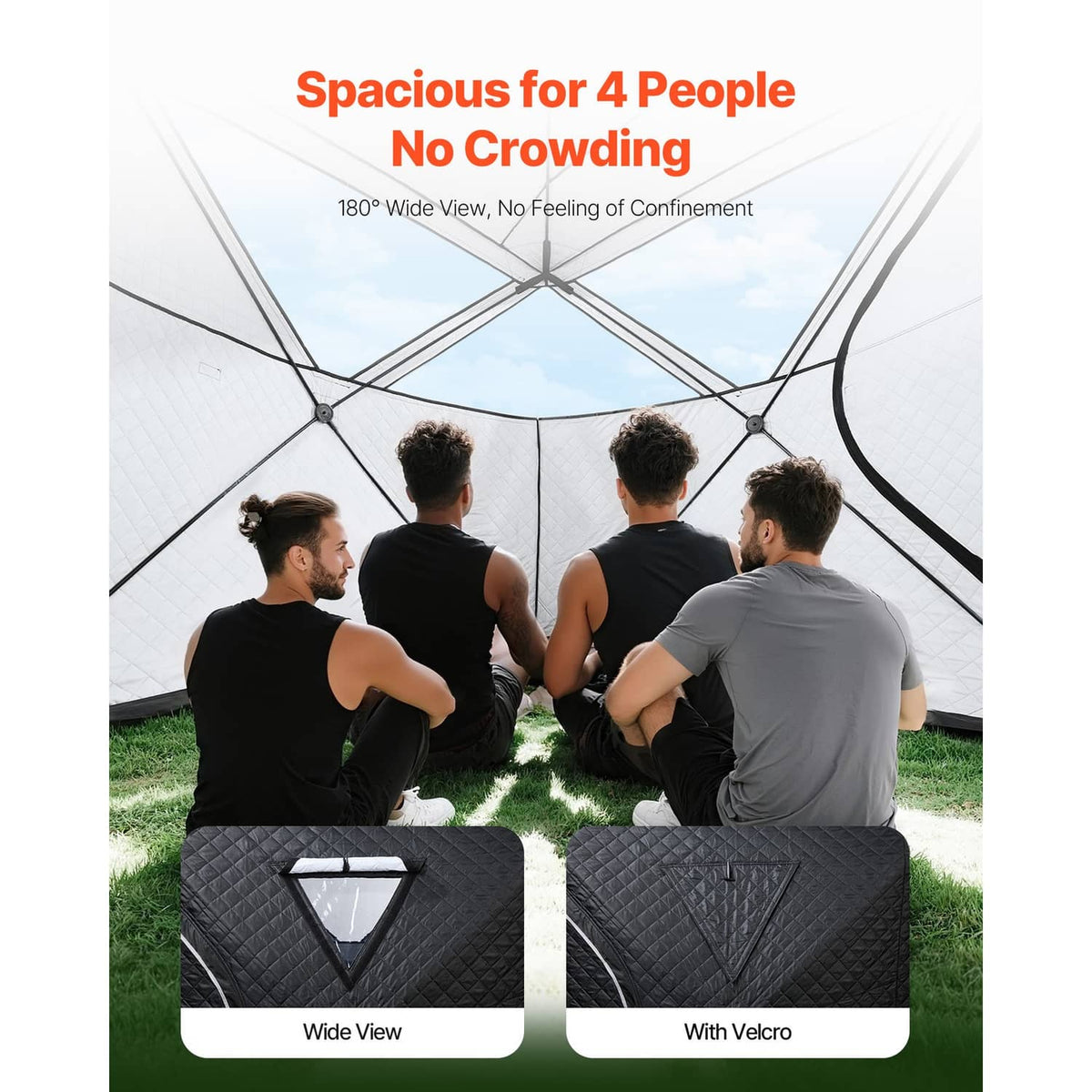 Black sauna tent interior viewing with wide window and Velcro-access panel