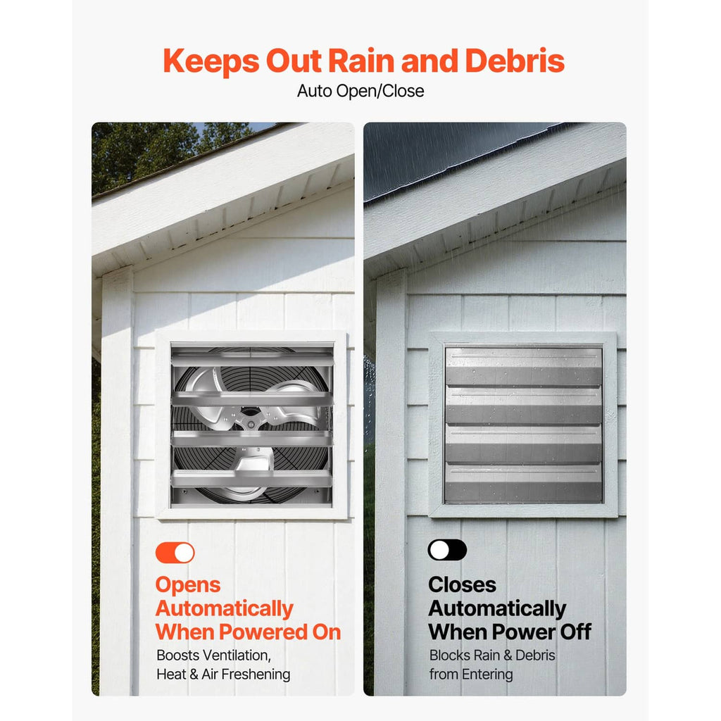 Wall-mounted exhaust fan showing auto open/close louvered grille installed outdoors