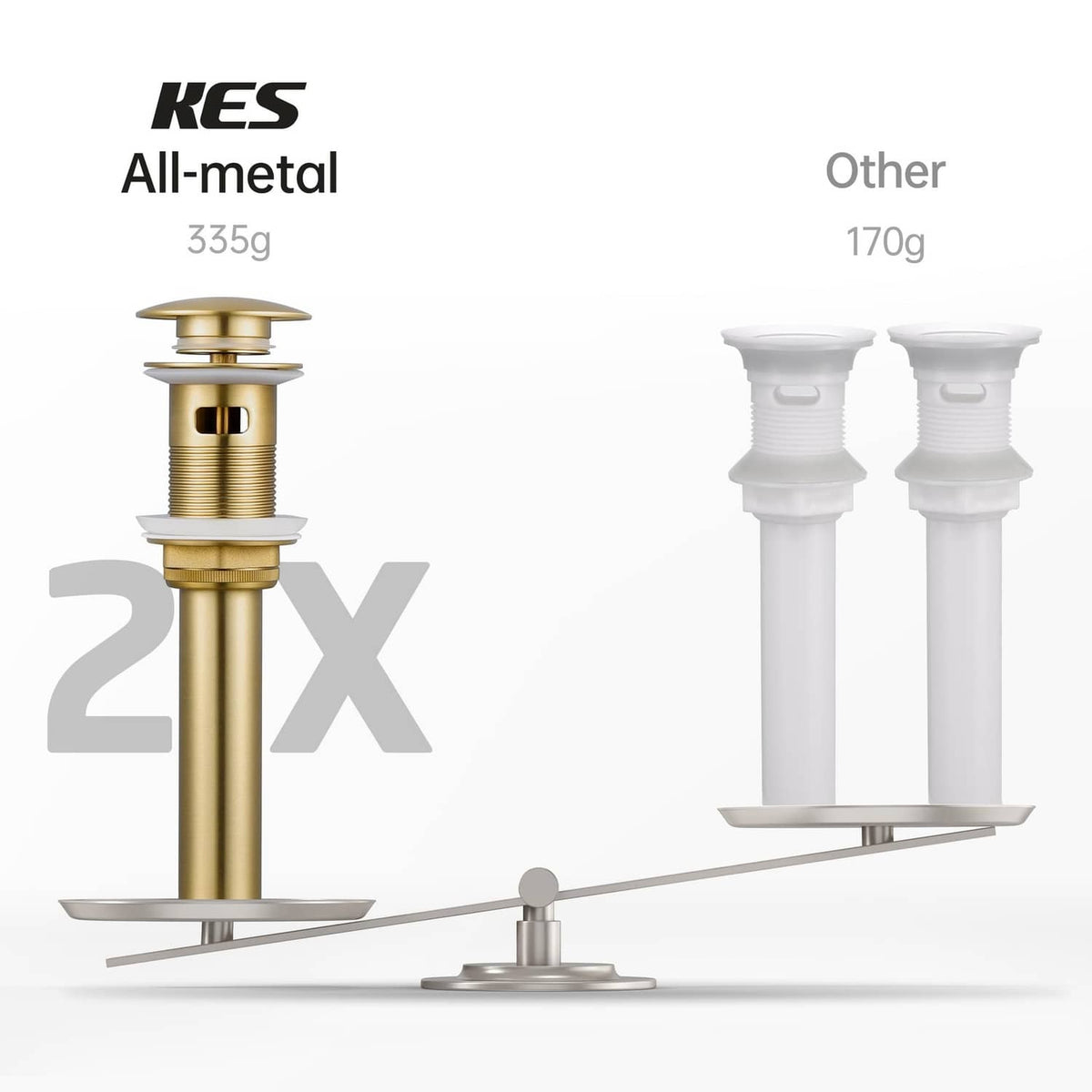 Brushed gold all-metal pop-up sink drain assembly shown side by side